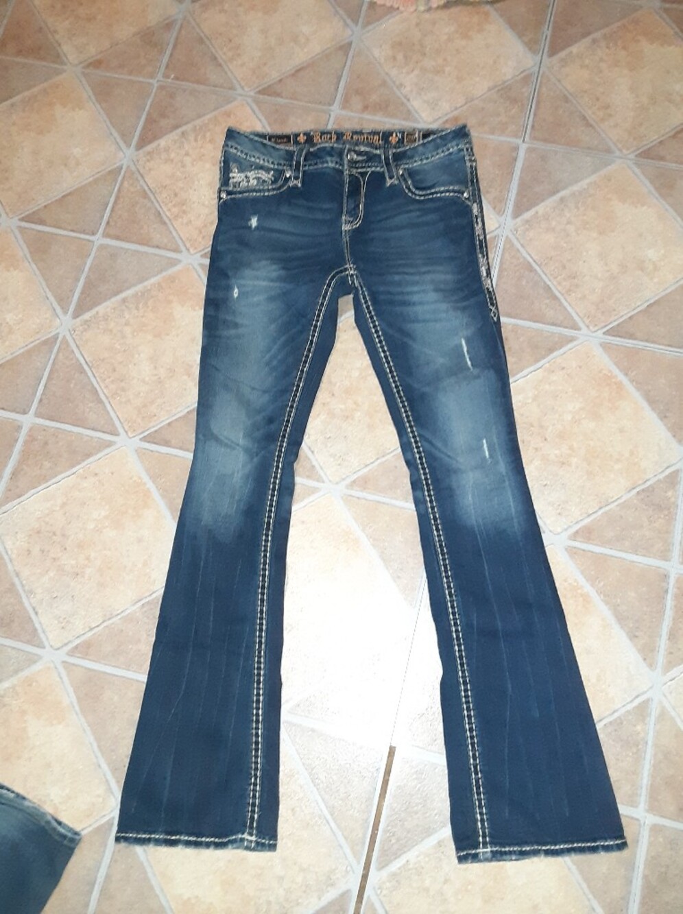 Rock Revival “Klandi” Dark Blue Boot Cut Jeans with Gold Embroidery